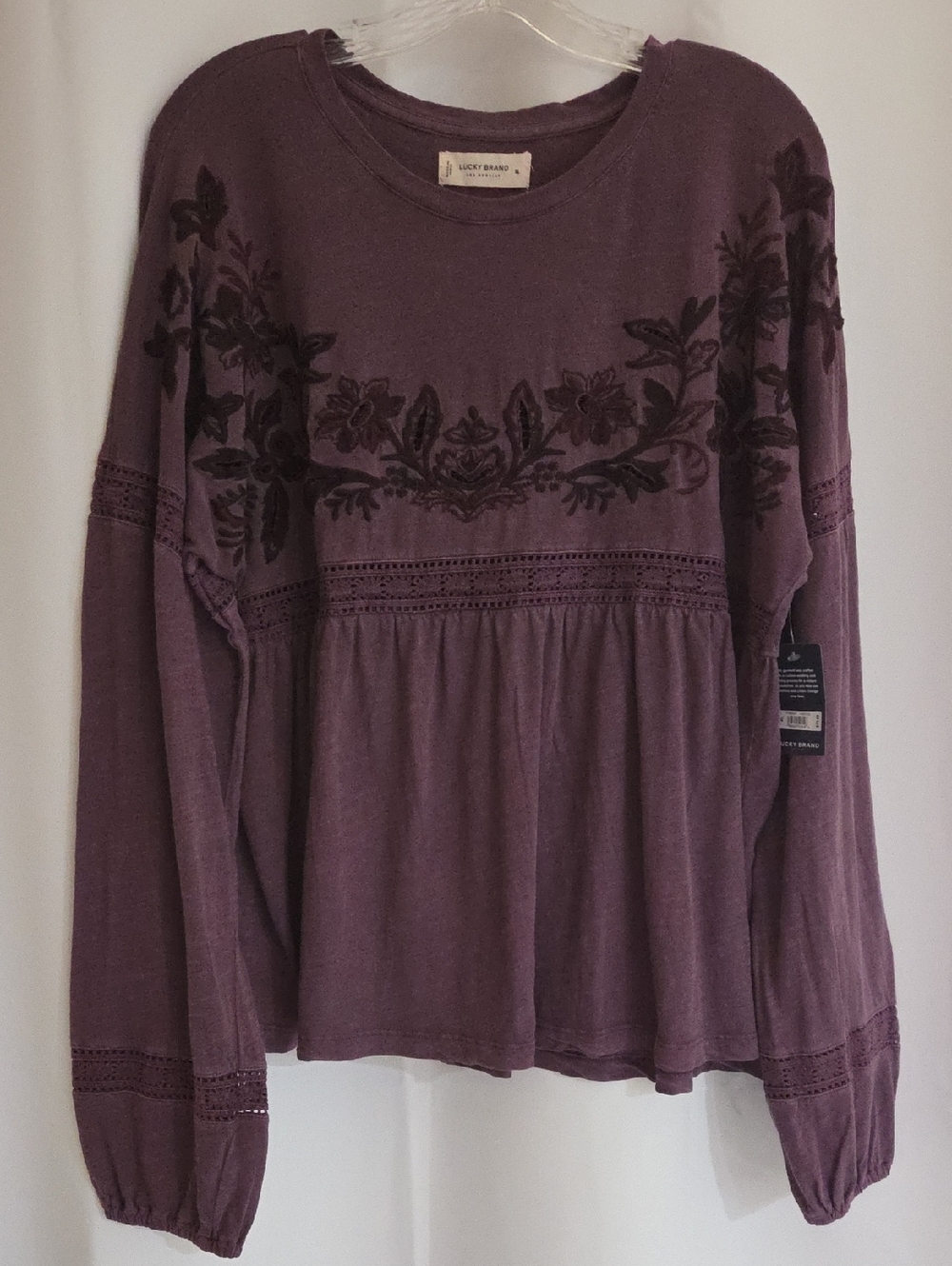 NWT Lucky Brand Women's Long-Sleeve Embroidered Peasant Top - Plum - Picture 3 of 7